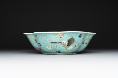 A set of 14 Chinese turquoise-ground famille rose dinner service, Qianglong mark, 19th C.