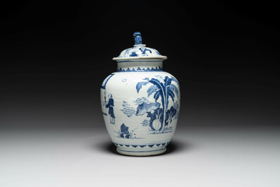 A Chinese blue and white 'Jia Guan Jin Jue 加官晉爵' vase and cover, Transitional period