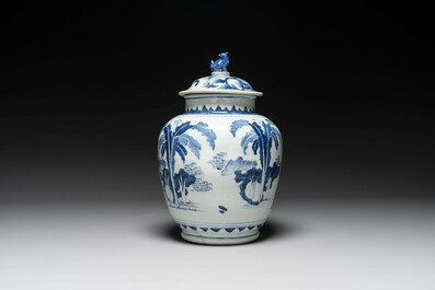 A Chinese blue and white 'Jia Guan Jin Jue 加官晉爵' vase and cover, Transitional period