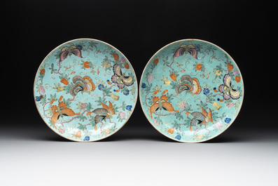A set of 14 Chinese turquoise-ground famille rose dinner service, Qianglong mark, 19th C.