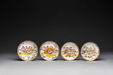 Four Chinese famille rose cups and saucers and an ewer with design of two horses, Qianlong