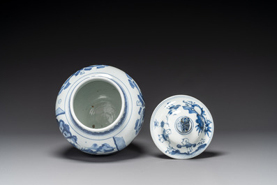 A Chinese blue and white 'Jia Guan Jin Jue 加官晉爵' vase and cover, Transitional period