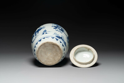 A Chinese blue and white 'Jia Guan Jin Jue 加官晉爵' vase and cover, Transitional period