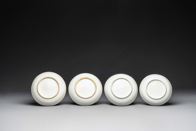 Four Chinese famille rose cups and saucers and an ewer with design of two horses, Qianlong