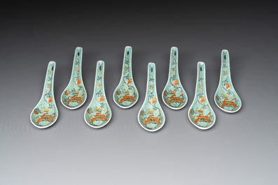 A set of 14 Chinese turquoise-ground famille rose dinner service, Qianglong mark, 19th C.