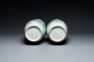 A pair of Chinese famille rose vases with ladies in a garden, signed Rongfang, 19/20th C.