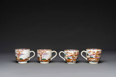 Four Chinese famille rose cups and saucers and a sugar bowl with design of two horses, Qianlong