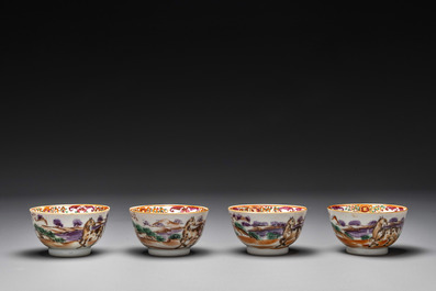 Four Chinese famille rose cups and saucers and an ewer with design of two horses, Qianlong