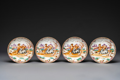 Four Chinese famille rose cups and saucers and a sugar bowl with design of two horses, Qianlong
