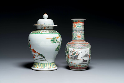 A Chinese famille verte covered vase and a bottle vase, 19th C.
