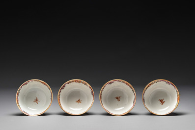 Four Chinese famille rose cups and saucers and an ewer with design of two horses, Qianlong