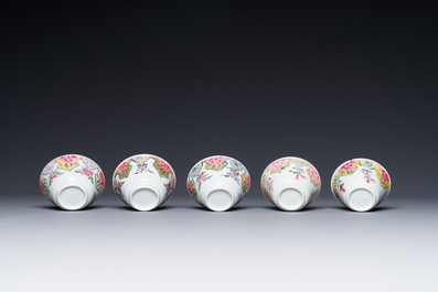 Five Chinese famille rose cups and six saucers with floral decor, Yongzheng/Qianlong