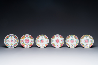 Five Chinese famille rose cups and six saucers with floral decor, Yongzheng/Qianlong