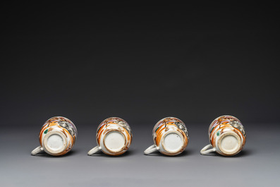 Four Chinese famille rose cups and saucers and a sugar bowl with design of two horses, Qianlong