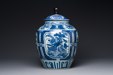 A Chinese blue and white jar and cover with floral design, Wanli