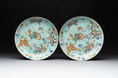 A set of 14 Chinese turquoise-ground famille rose dinner service, Qianglong mark, 19th C.