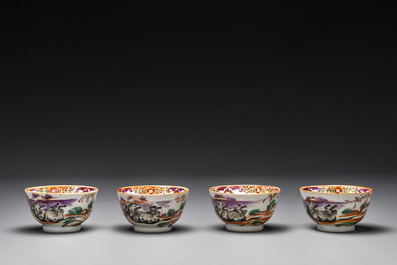 Four Chinese famille rose cups and saucers and an ewer with design of two horses, Qianlong