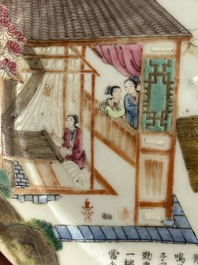 A pair of Chinese famille rose 'rice production' plates, Daoguang mark, 20th C.