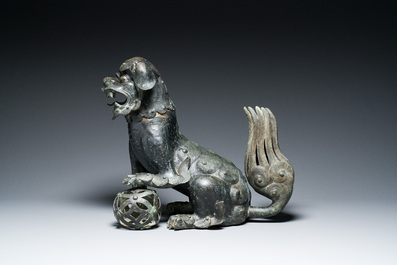 A large Chinese bronze 'Buddhist lion' censer, Ming