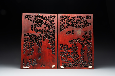 Two pairs of Chinese carved, lacquered and gilt-decorated wooden panels with figural design, 19th C.