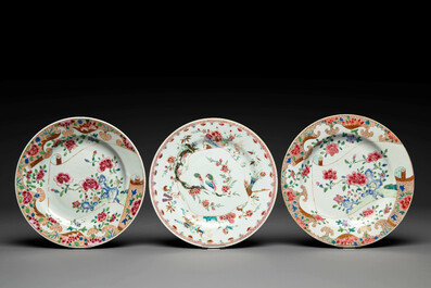 A Chinese famille rose dish and three plates, Qianlong