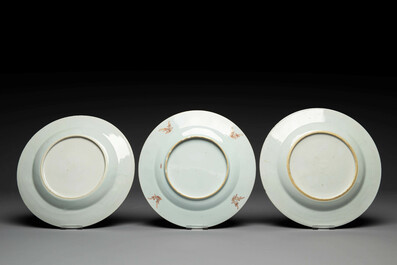 A Chinese famille rose dish and three plates, Qianlong