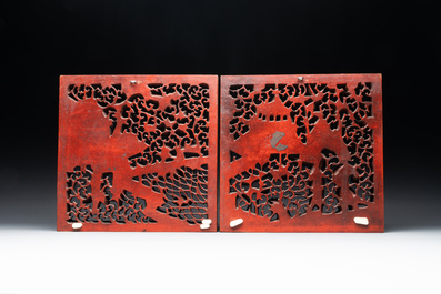 Two pairs of Chinese carved, lacquered and gilt-decorated wooden panels with figural design, 19th C.