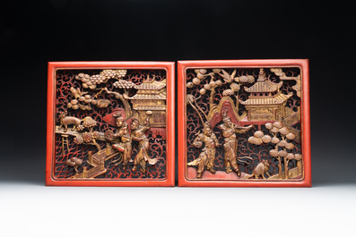 Two pairs of Chinese carved, lacquered and gilt-decorated wooden panels with figural design, 19th C.