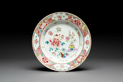 A Chinese famille rose dish and three plates, Qianlong