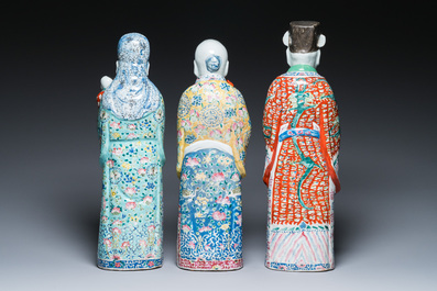 Three Chinese famille rose figures of star gods, seal marks, 19/20th C.
