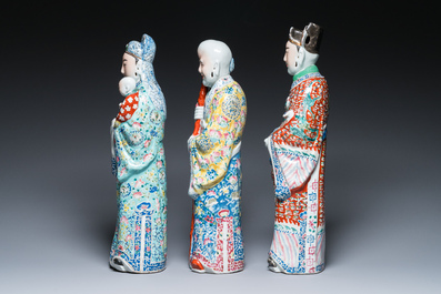 Three Chinese famille rose figures of star gods, seal marks, 19/20th C.