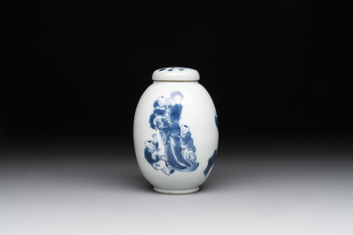 A Chinese blue and white tea caddy and cover with a lady and playing boys, Kangxi