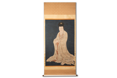 Chinese school: 'Guanyin', ink and colour on silk, Qing