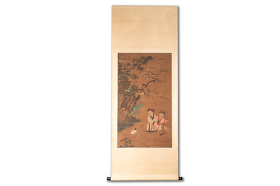 Follower of Su Hanchen 蘇漢臣 (1094-1172): 'Child playing with a cat', ink and colour on silk, Ming or later