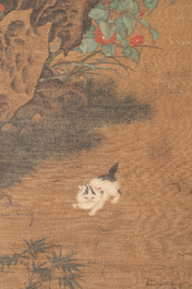 Follower of Su Hanchen 蘇漢臣 (1094-1172): 'Child playing with a cat', ink and colour on silk, Ming or later