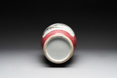 A Chinese ruby-ground famille rose vase, signed Deng Xiaoyu 鄧肖禹, 20th C.