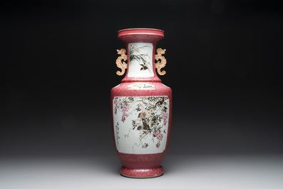 A Chinese ruby-ground famille rose vase, signed Deng Xiaoyu 鄧肖禹, 20th C.
