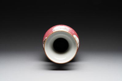 A Chinese ruby-ground famille rose vase, signed Deng Xiaoyu 鄧肖禹, 20th C.