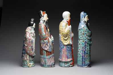 Three Chinese famille rose figures of star gods and a lady, Zhu Mao Ji Zao 朱茂記造 mark, Republic