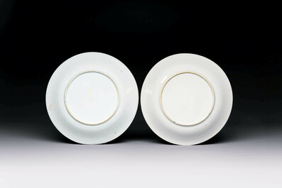 A pair of Chinese famille verte 'bird and peonies' plates, Kangxi