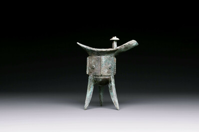Three Chinese archaic bronze wine vessels, Zhou or later
