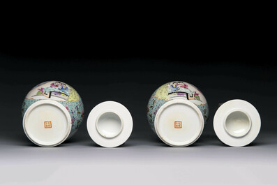 A Chinese famille rose covered vase and a pair of small covered vases, Qianlong mark, 20th C.