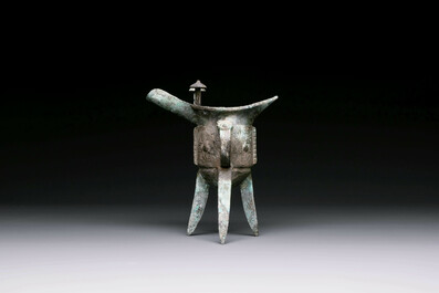 Three Chinese archaic bronze wine vessels, Zhou or later