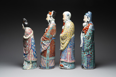 Three Chinese famille rose figures of star gods and a lady, Zhu Mao Ji Zao 朱茂記造 mark, Republic