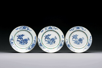 A varied collection of thirteen Chinese blue and white, Imari-style, famille rose and famille verte plates, Kangxi/Qianlong