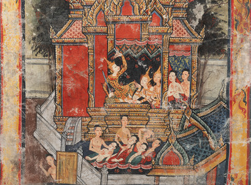 Thai school: 'Two votive scenes', ink and colour on canvas, 19th C.