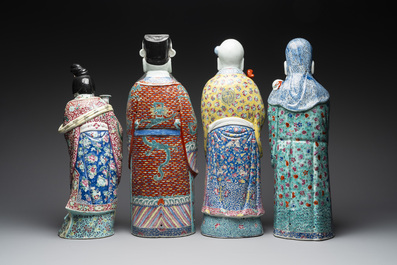 Three Chinese famille rose figures of star gods and a lady, Zhu Mao Ji Zao 朱茂記造 mark, Republic