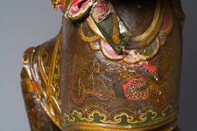 A large Japanese polychromed and gilt-lacquered wood figure of a divine general, Edo, dated 1623