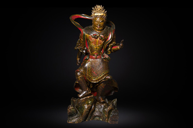 A large Japanese polychromed and gilt-lacquered wood figure of a divine general, Edo, dated 1623