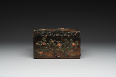 A square Chinese embellished and lacquered wooden box depicting a musician and two boys, Qing